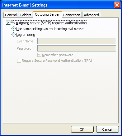 Outgoing Server Settings Outgoing Server Settings