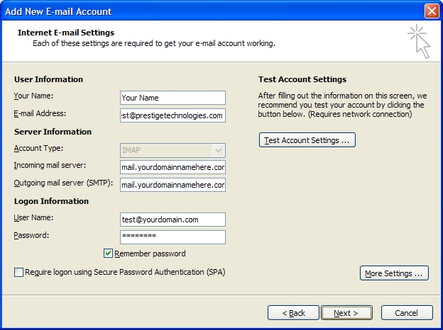Outgoing Server Settings Outgoing Server Settings